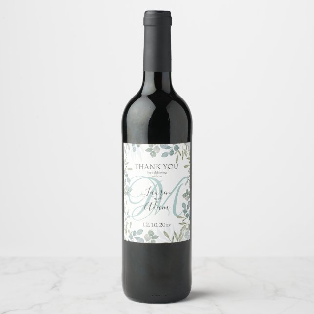 Rustic Eucalyptus Greenery wedding wine Wine Label (Front)