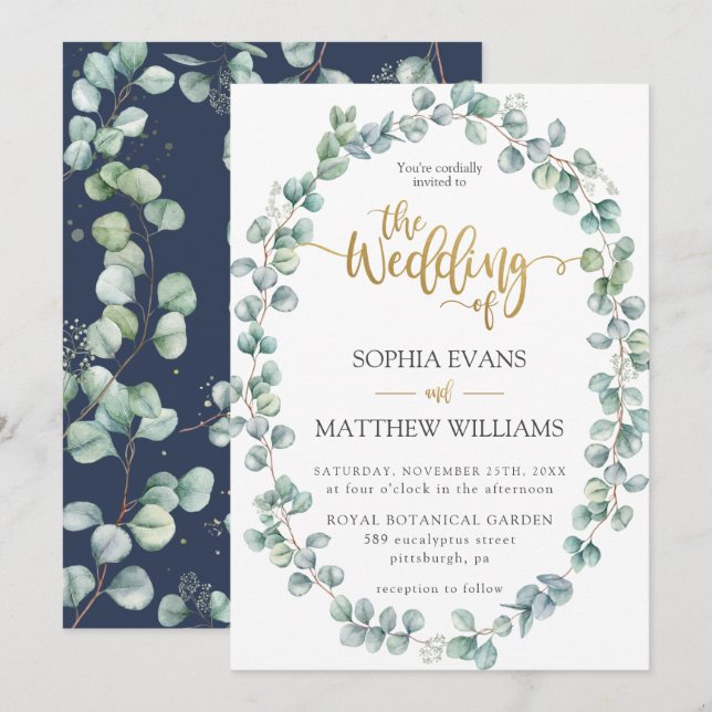 Rustic Eucalyptus Greenery Wreath Gold Wedding Invitation (Front/Back)