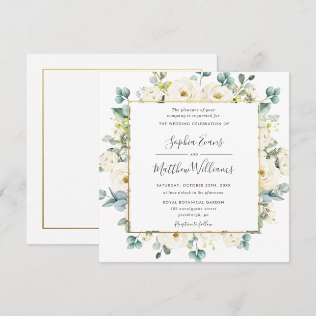Rustic Eucalyptus Ivory White Floral Wedding Invitation (Front/Back)