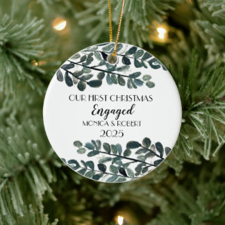 Rustic Eucalyptus Keepsake First Christmas Engaged Ceramic Tree Decoration