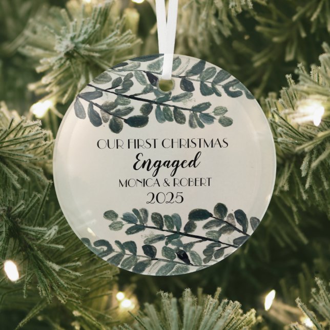 Rustic Eucalyptus Keepsake First Christmas Engaged Glass Tree Decoration (Insitu)