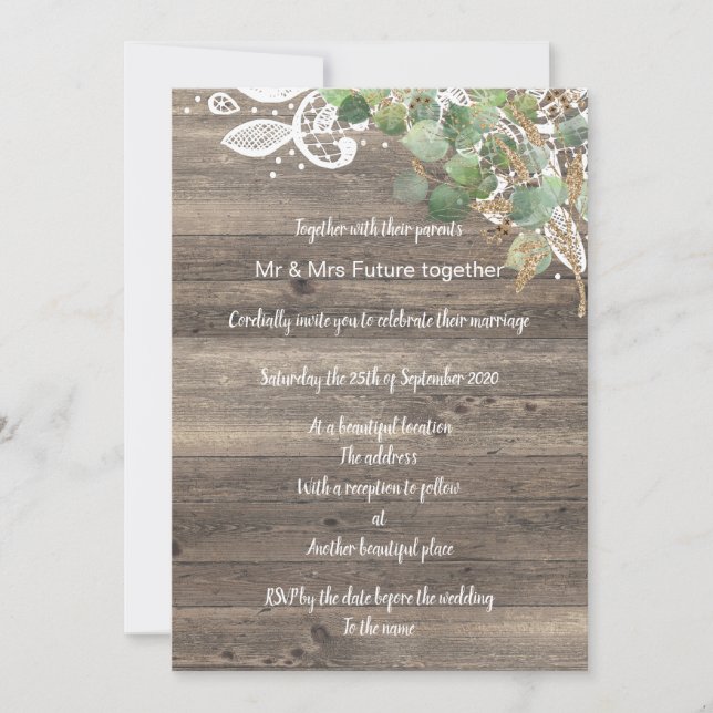 RUSTIC EUCALYPTUS LACE WEDDING INVITATION (Front)