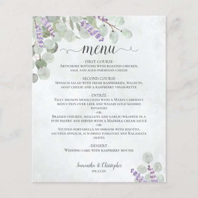 Rustic Eucalyptus & Lavender Budget Wedding Menu (Front)