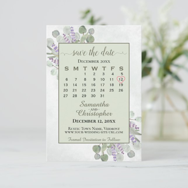 Rustic Eucalyptus Lavender Calendar Green Wedding Save The Date (Standing Front)