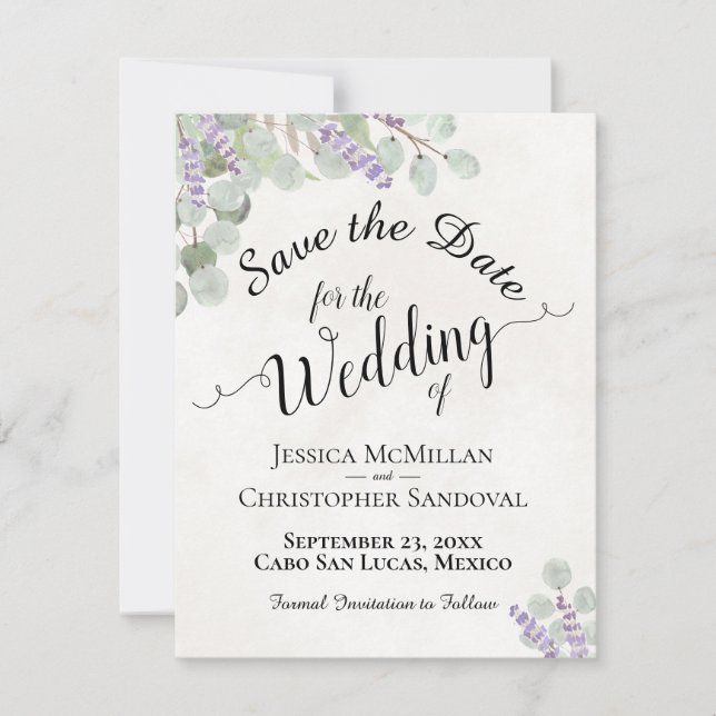 Rustic Eucalyptus & Lavender Elegant White Wedding Save The Date (Front)