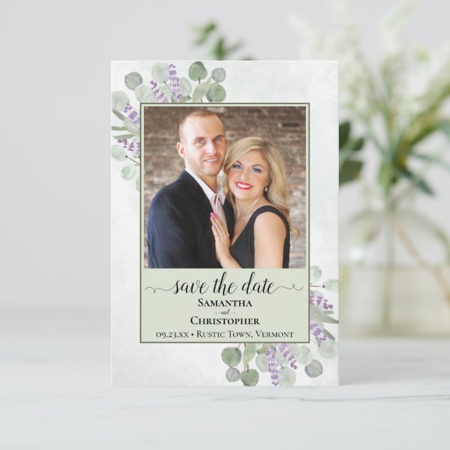 Rustic Eucalyptus & Lavender Green Wedding Photo Save The Date (Standing Front)