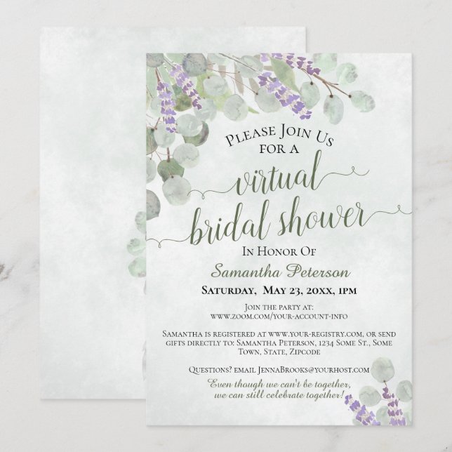 Rustic Eucalyptus & Lavender Virtual Bridal Shower Invitation (Front/Back)