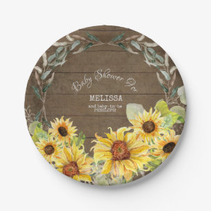 Rustic Eucalyptus Leaf Fall Sunflowers Baby Shower Paper Plate