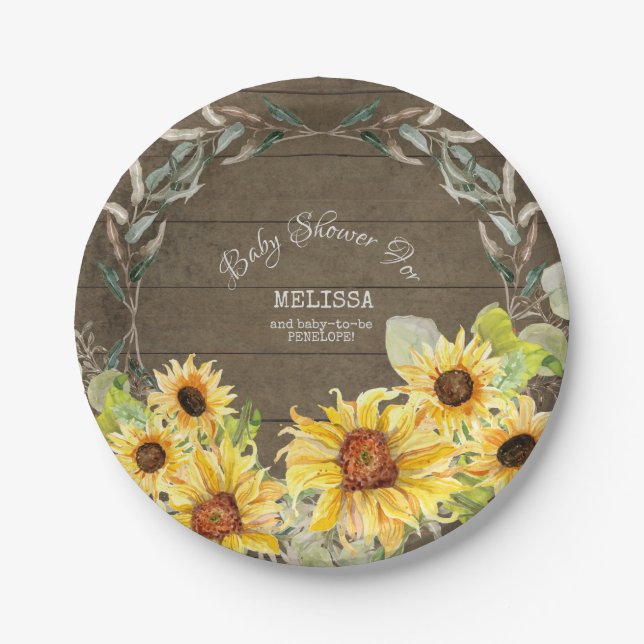 Rustic Eucalyptus Leaf Fall Sunflowers Baby Shower Paper Plate (Front)