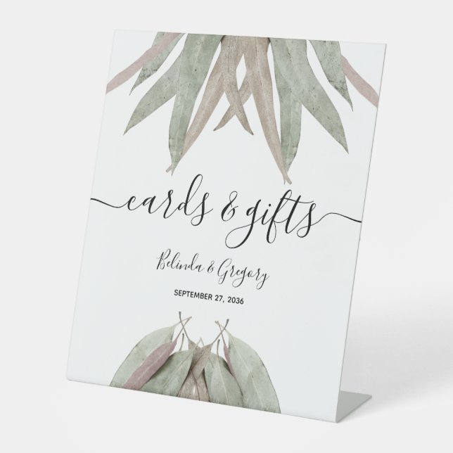 Rustic Eucalyptus Leaf Wedding Cards & Gifts Pedestal Sign (Front)