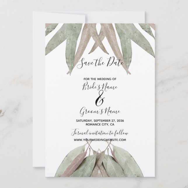 Rustic Eucalyptus Leaf Wedding Save The Date (Front)