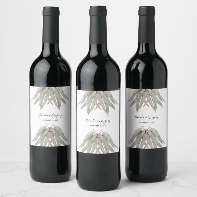 Rustic Eucalyptus Leaf Wedding Wine Label (Bottles)