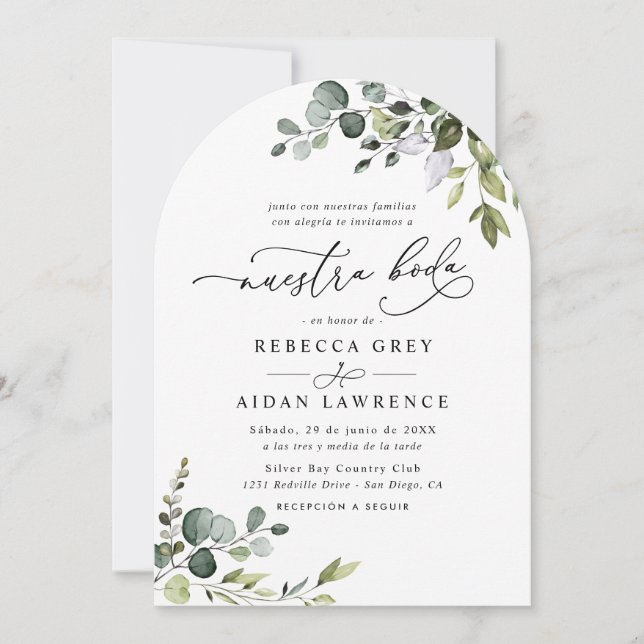 Rustic Eucalyptus Leafy Greenery Arch Neustra Boda Invitation (Front)