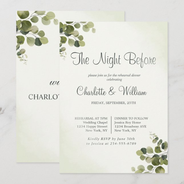 Rustic Eucalyptus Leaves Budget Rehearsal Dinner Invitation (Front/Back)