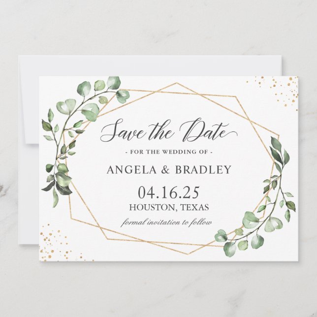 Rustic Eucalyptus Leaves Geometric Save the Date Invitation (Front)