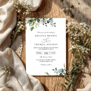 Rustic Eucalyptus Leaves Greenery QR Code Wedding Invitation