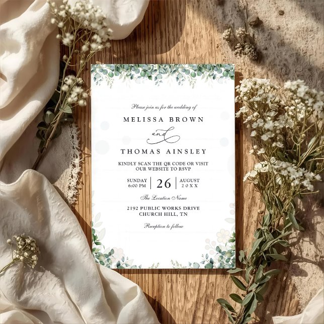 Rustic Eucalyptus Leaves Greenery QR Code Wedding Invitation (Creator Uploaded)