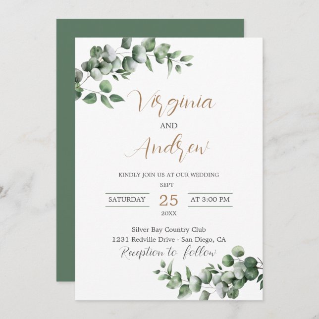 Rustic Eucalyptus Leaves Greenery Wedding Invitation (Front/Back)