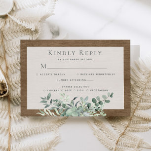 Rustic Eucalyptus Leaves Greenery Wood Wedding RSVP Card