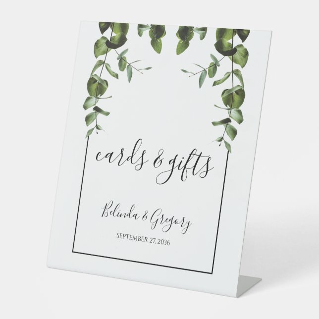 Rustic  Eucalyptus Leaves Wedding Cards & Gifts Pedestal Sign (Front)