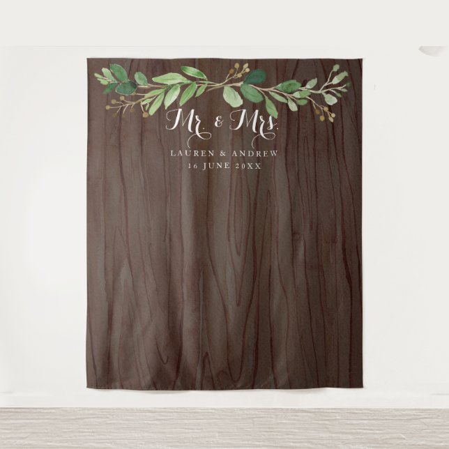 Rustic Eucalyptus Leaves Wedding Photo Backdrop Tapestry (Front)