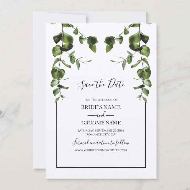 Rustic Eucalyptus Leaves Wedding Save The Date (Front)