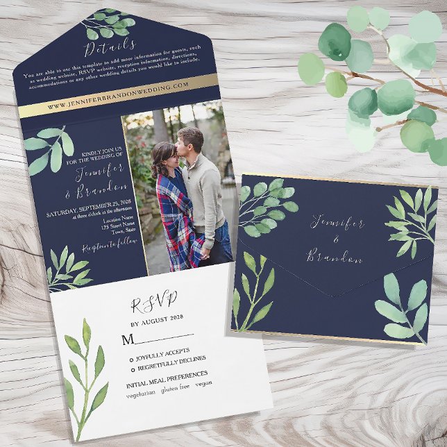 Rustic Eucalyptus Navy Blue Wedding All In One Invitation (Creator Uploaded)