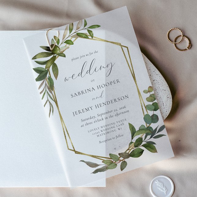 Rustic Eucalyptus Olive Gold Frame Wedding Vellum Invitations (Creator Uploaded)