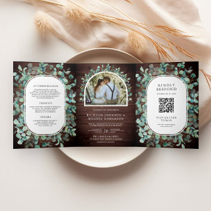 Rustic Eucalyptus Photo Barn Wood QR Code Wedding Tri-Fold Invitation