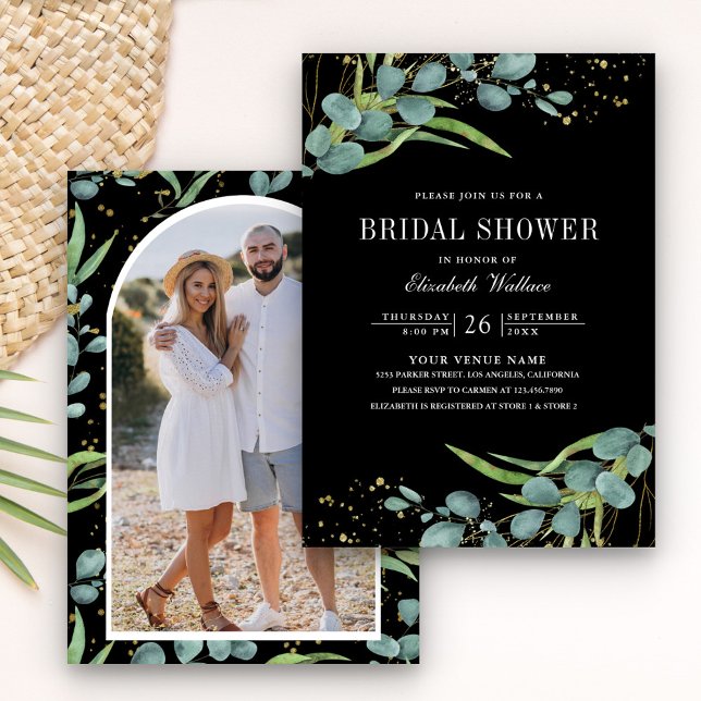 Rustic Eucalyptus Photo Black Bridal Shower Invitation (Creator Uploaded)