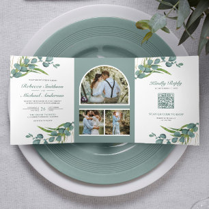 Rustic Eucalyptus Photo Collage QR Code Wedding Tri-Fold Invitation
