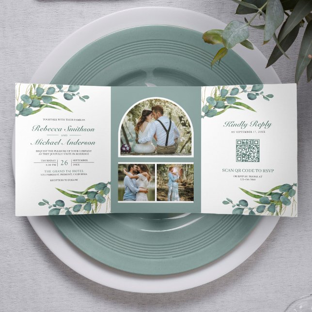 Rustic Eucalyptus Photo Collage QR Code Wedding Tri-Fold Invitation (Creator Uploaded)
