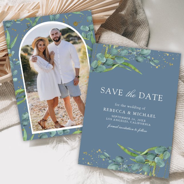 Rustic Eucalyptus Photo Dusty Blue Wedding Save The Date (Creator Uploaded)