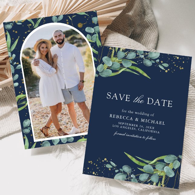 Rustic Eucalyptus Photo Navy Blue Wedding Save The Date (Creator Uploaded)