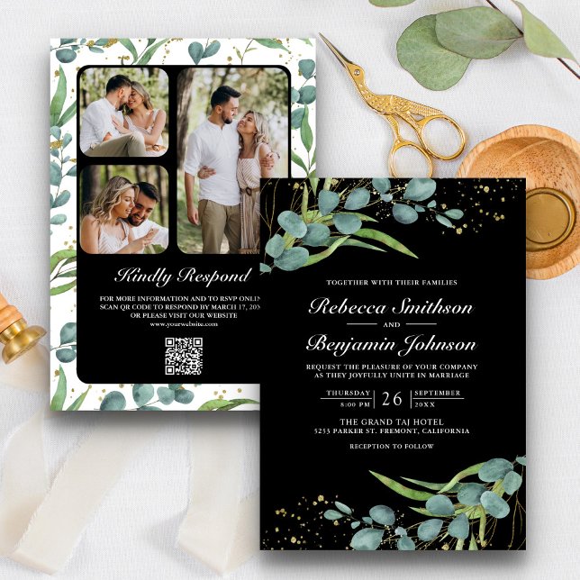 Rustic Eucalyptus Photo QR Code Black Wedding Invitation (Creator Uploaded)