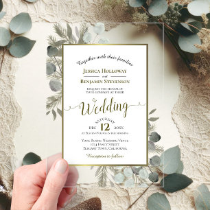 Rustic Eucalyptus & Pine Elegant Gold Wedding Acrylic Invitations