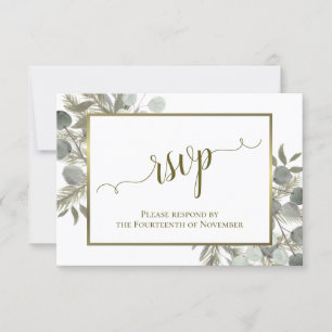 Rustic Eucalyptus & Pine Sage Green & Gold Wedding RSVP Card