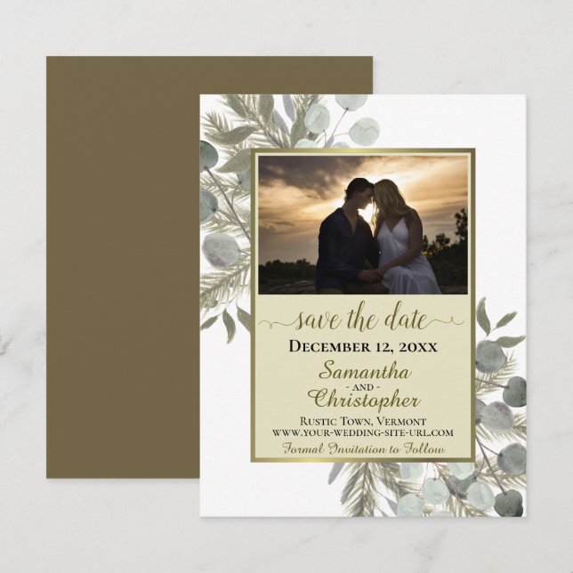 Rustic Eucalyptus & Pine w/ Photo Gold Wedding Save The Date (Front/Back)