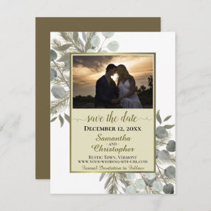 Rustic Eucalyptus & Pine w/ Photo Gold Wedding Save The Date