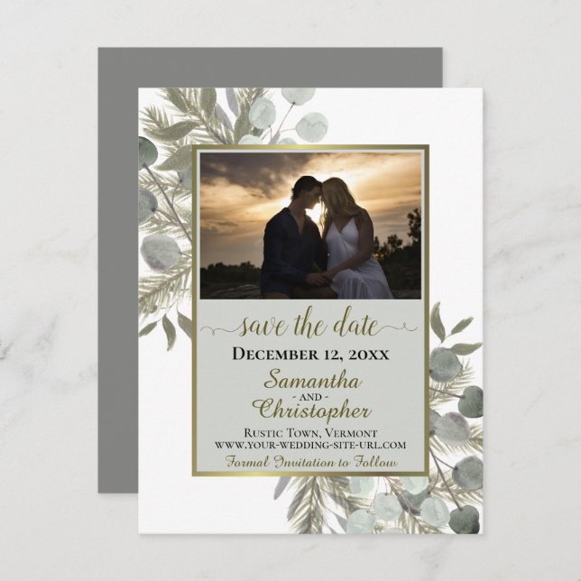 Rustic Eucalyptus & Pine w/ Photo Grey Wedding Save The Date (Front/Back)