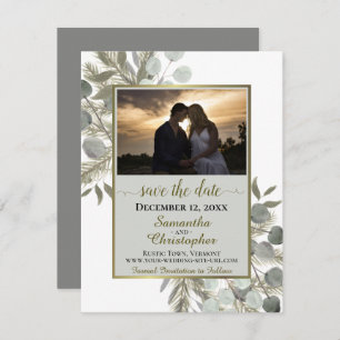 Rustic Eucalyptus & Pine w/ Photo Grey Wedding Save The Date