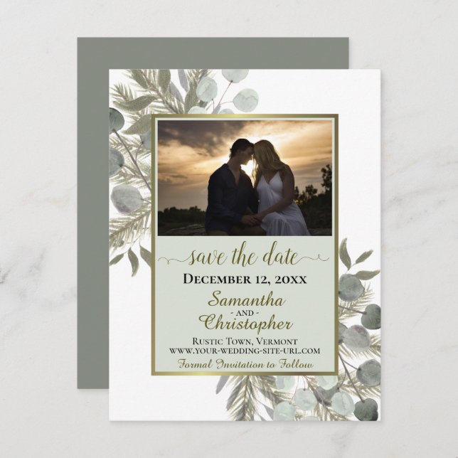 Rustic Eucalyptus & Pine w/ Photo Sage Wedding Save The Date (Front/Back)