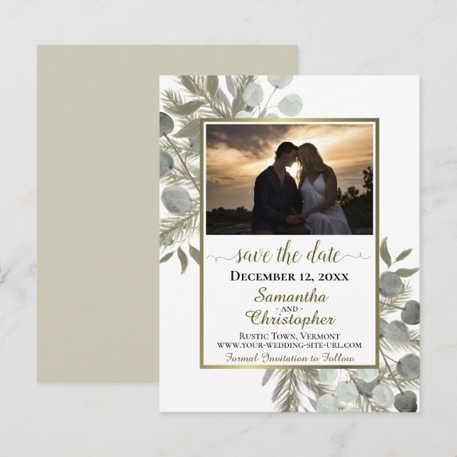 Rustic Eucalyptus & Pine w/ Photo White Wedding Save The Date (Front/Back)