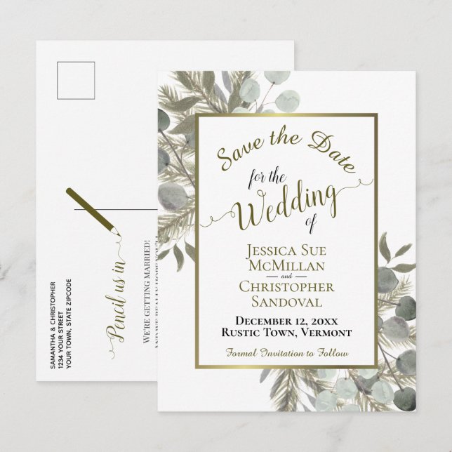 Rustic Eucalyptus & Pine Wedding Save the Date Announcement Postcard (Front/Back)