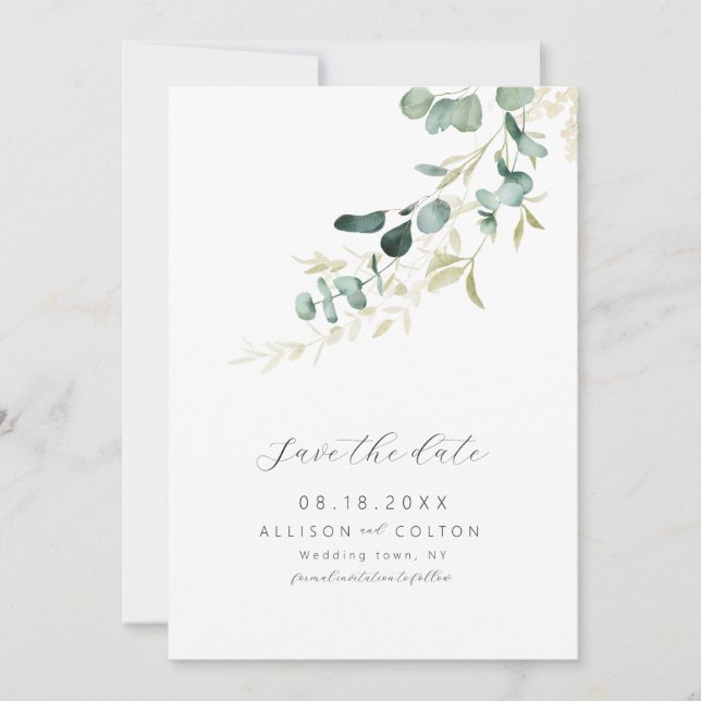 Rustic eucalyptus sage green greenery boho save the date (Front)