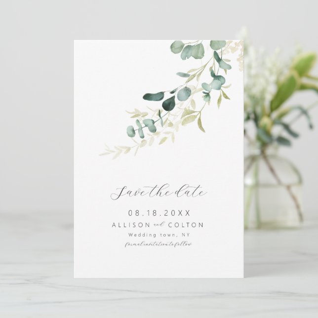 Rustic eucalyptus sage green greenery boho save the date (Standing Front)