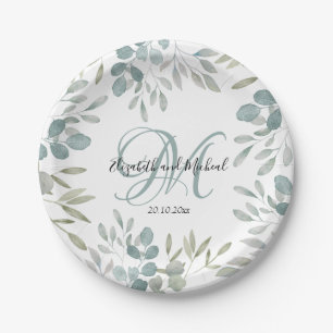 Rustic Eucalyptus Sage Green Watercolor Wedding Paper Plate
