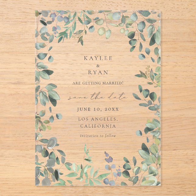 Rustic Eucalyptus Save the Date Acrylic Invitations (Front)