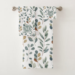 Rustic Eucalyptus Watercolor Pattern Monogram Bath Towel Set