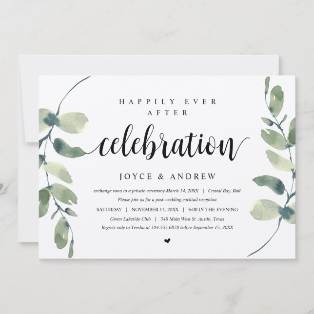 Rustic Eucalyptus, Wedding Elopement Celebration Invitation (Front)